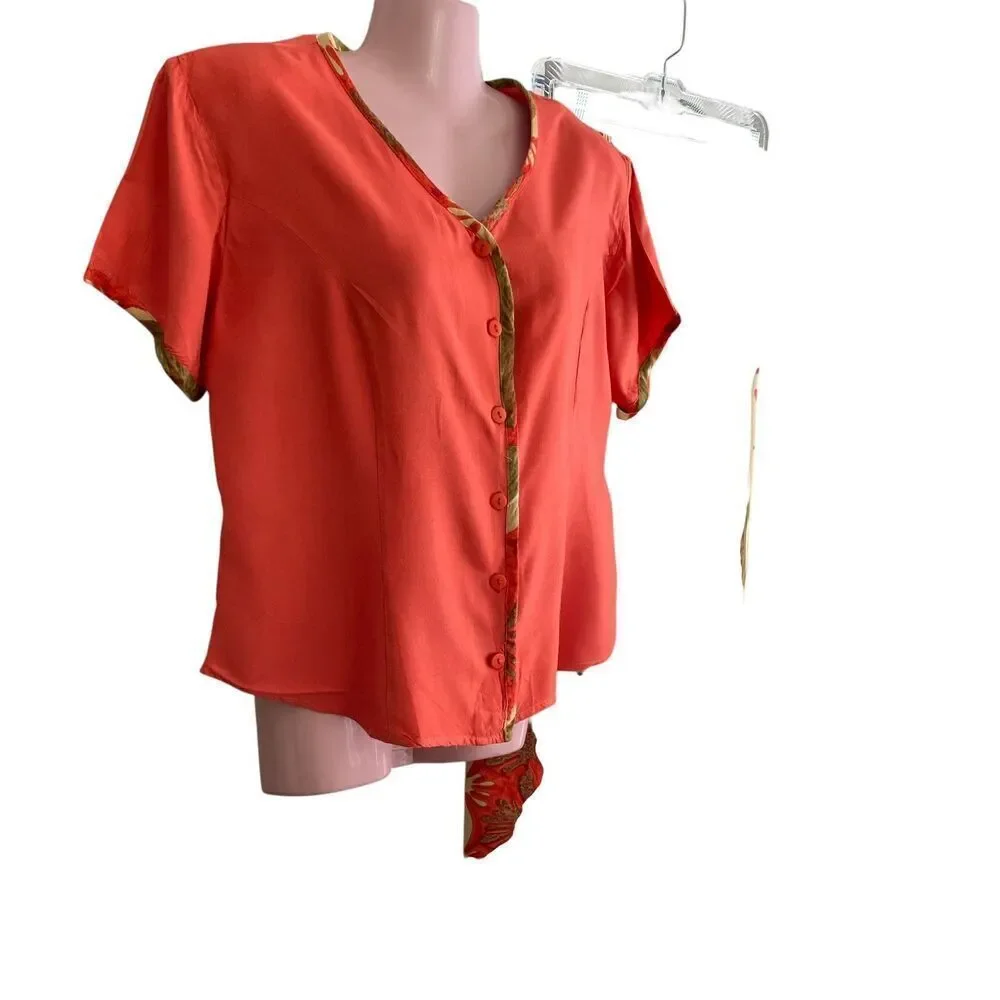 Nash Blouse Skirt Set Womens Large Coral Red Green Boho 90s Rayon Short Sleeve
